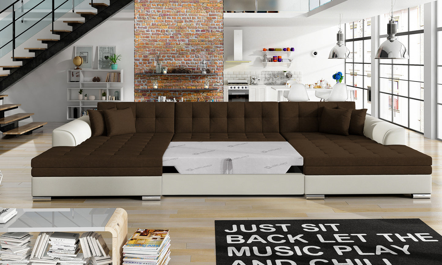 Narożnik Vento – Sawana 16 brązowy, Soft 33, rozłożona funkcja spania.