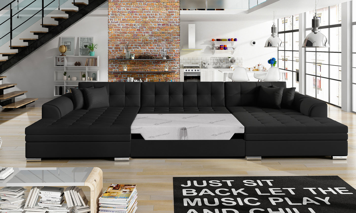 Narożnik Vento – Soft 11 czarny, rozłożona funkcja spania typu delfin (300×129 cm).