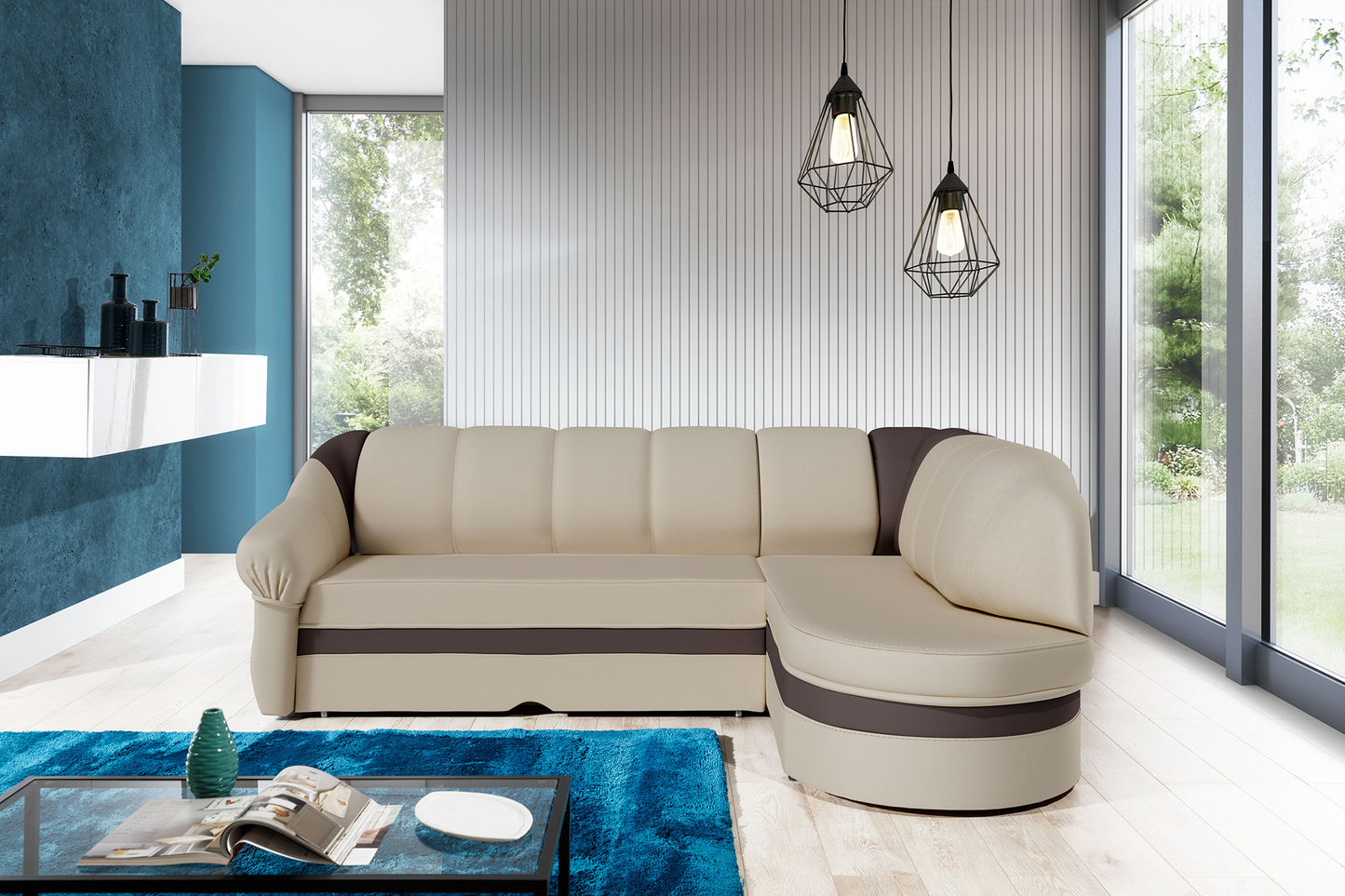 Narożnik Benano w aranżacji salonu, tapicerka Soft 33 jasnobeżowa z wykończeniem Soft 66 brązowym