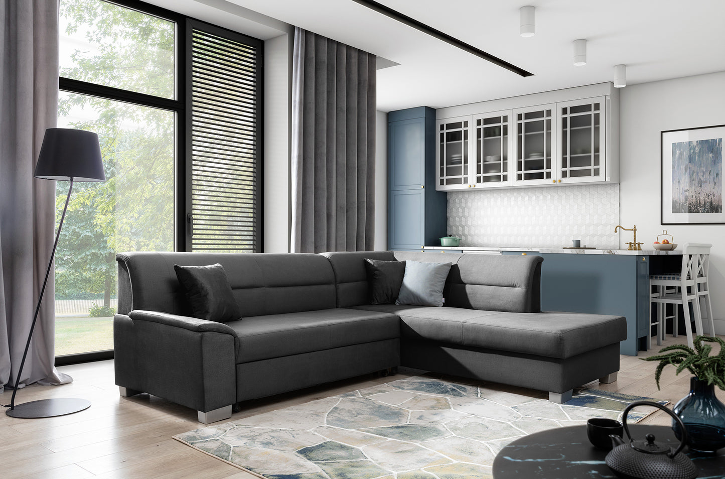 Narożnik Bergen w aranżacji salonu, tapicerka Monolith 97 ciemnoszara