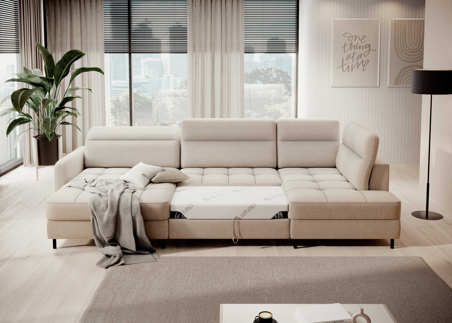 Narożnik Berrto rozłożony do spania, beżowa tkanina Raquel 18