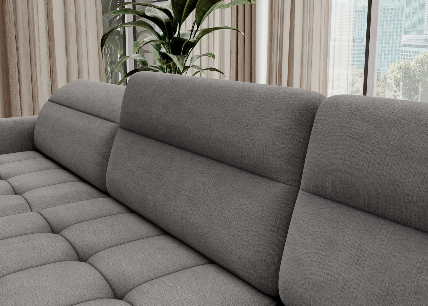 Zbliżenie tkaniny i przeszyć narożnika Berrto, materiał Toscany 03 szary