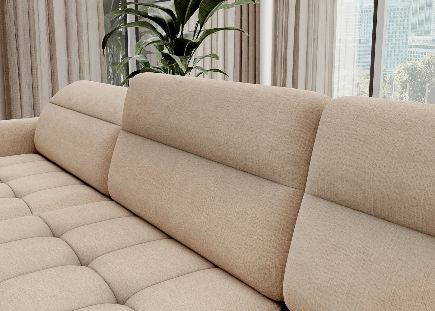 Zbliżenie tkaniny i przeszyć narożnika Berrto, materiał Toscany 18 beżowy