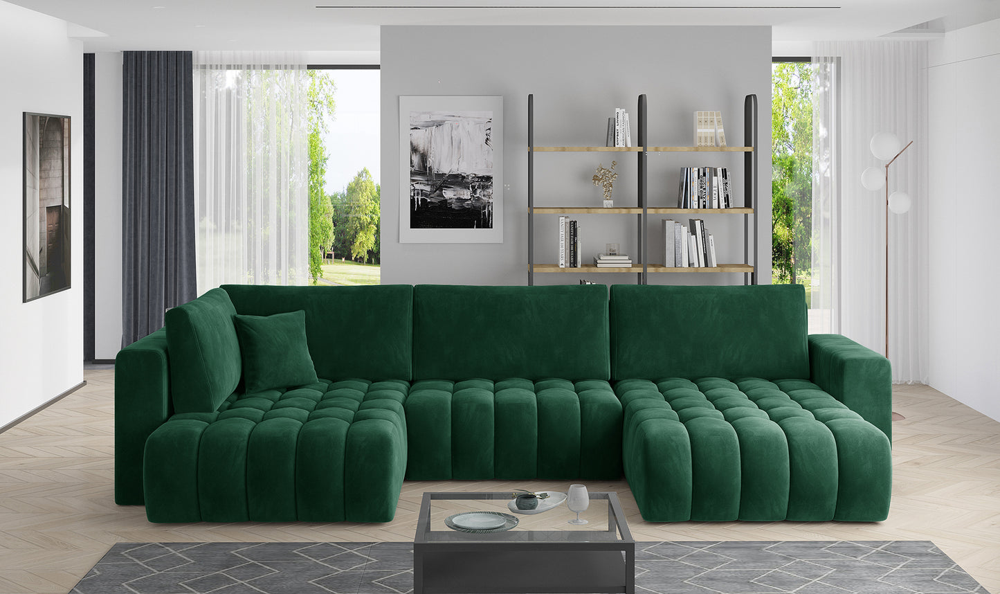 Narożnik Bonito w tkaninie Lukso 35 zielony, modułowa sofa narożna ustawiona w jasnym, nowoczesnym salonie