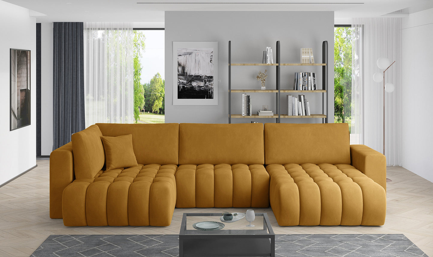 Narożnik Bonito w tkaninie Nube 45 żółty, modułowa sofa narożna ustawiona w jasnym, nowoczesnym salonie