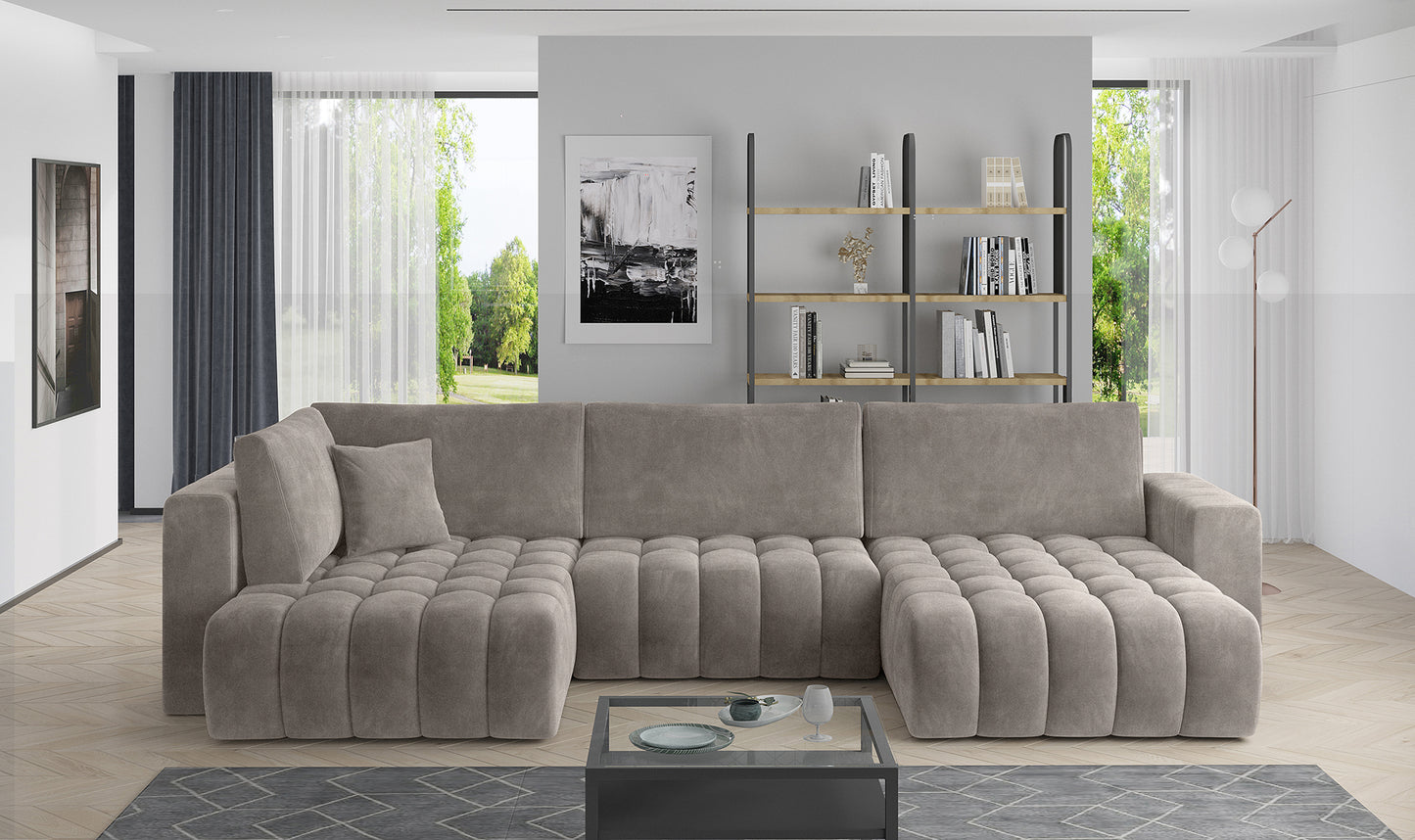 Narożnik Bonito w tkaninie Sola 18 jasnobezowy, modułowa sofa narożna ustawiona w jasnym, nowoczesnym salonie