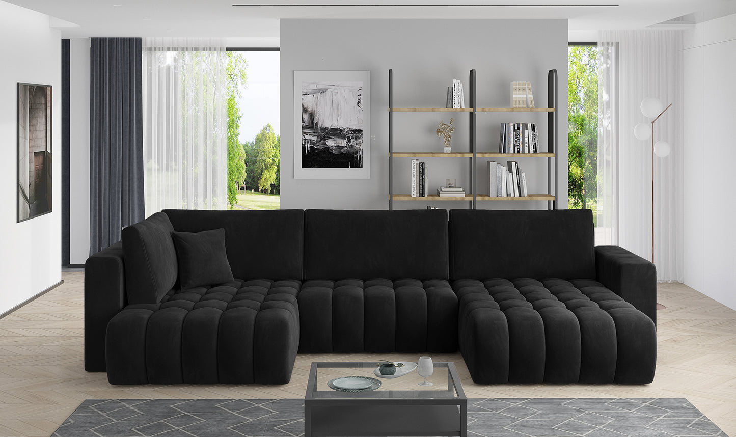 Narożnik Bonito w tkaninie Velvetmat 10 czarny, modułowa sofa narożna ustawiona w nowoczesnym, jasnym salonie