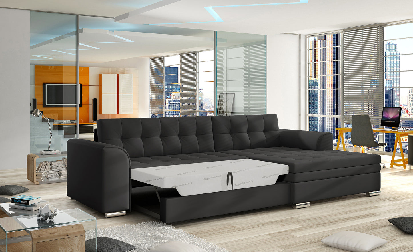 Narożnik Conforti w tkaninie Soft 11 czarny, narożnik w aranżacji salonu, widok z lekkiego boku