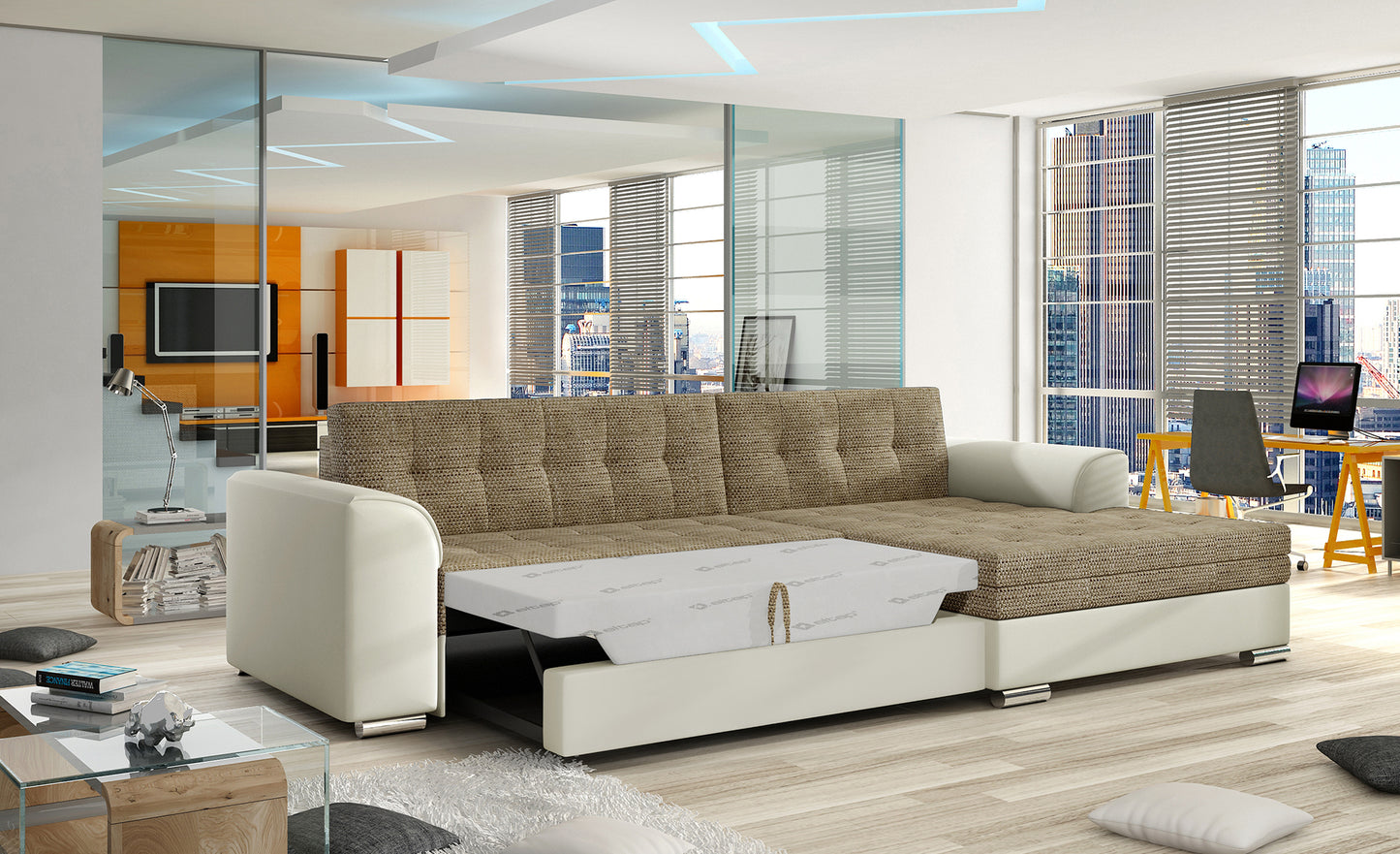 Beżowy narożnik Conforti prawy wykonany z tkanin Berlin 03 i Soft 33 prezentuje minimalistyczną bryłę oraz wygodne szerokie siedziska. Stylowy narożnik do nowoczesnego salonu podkreśla elegancki i ciepły charakter wnętrza oraz zapewnia wysoki komfort wypoczynku.