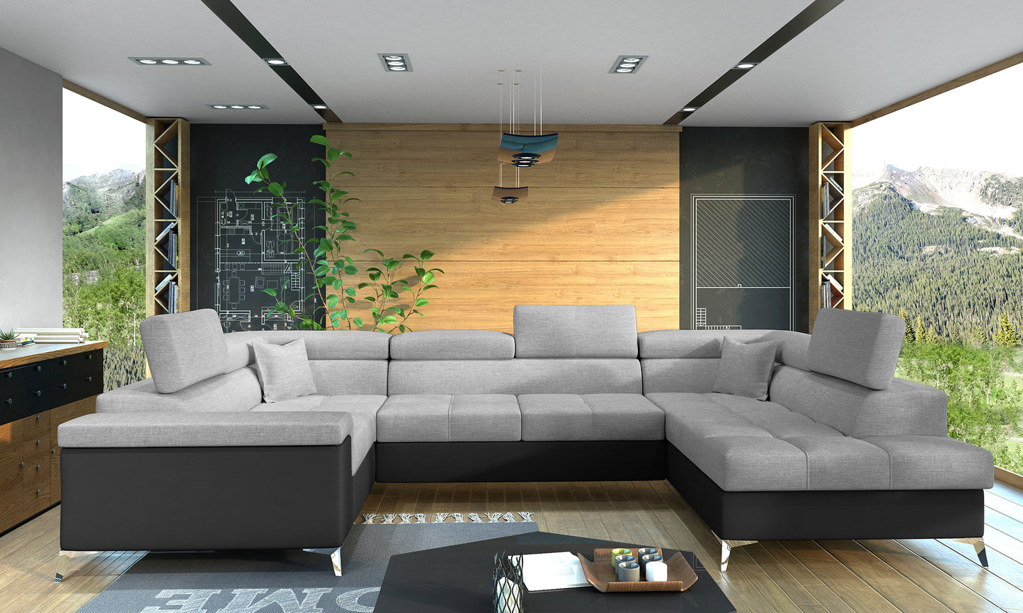 Nowoczesny narożnik Thiago w kolorze szarym z czarnymi elementami oraz eleganckimi metalowymi nóżkami doskonale sprawdzi się w salonie urządzonym w stylu loftowym, industrialnym lub minimalistycznym. Stylowy narożnik do modnych wnętrz łączy wygodę z funkcjonalnością.