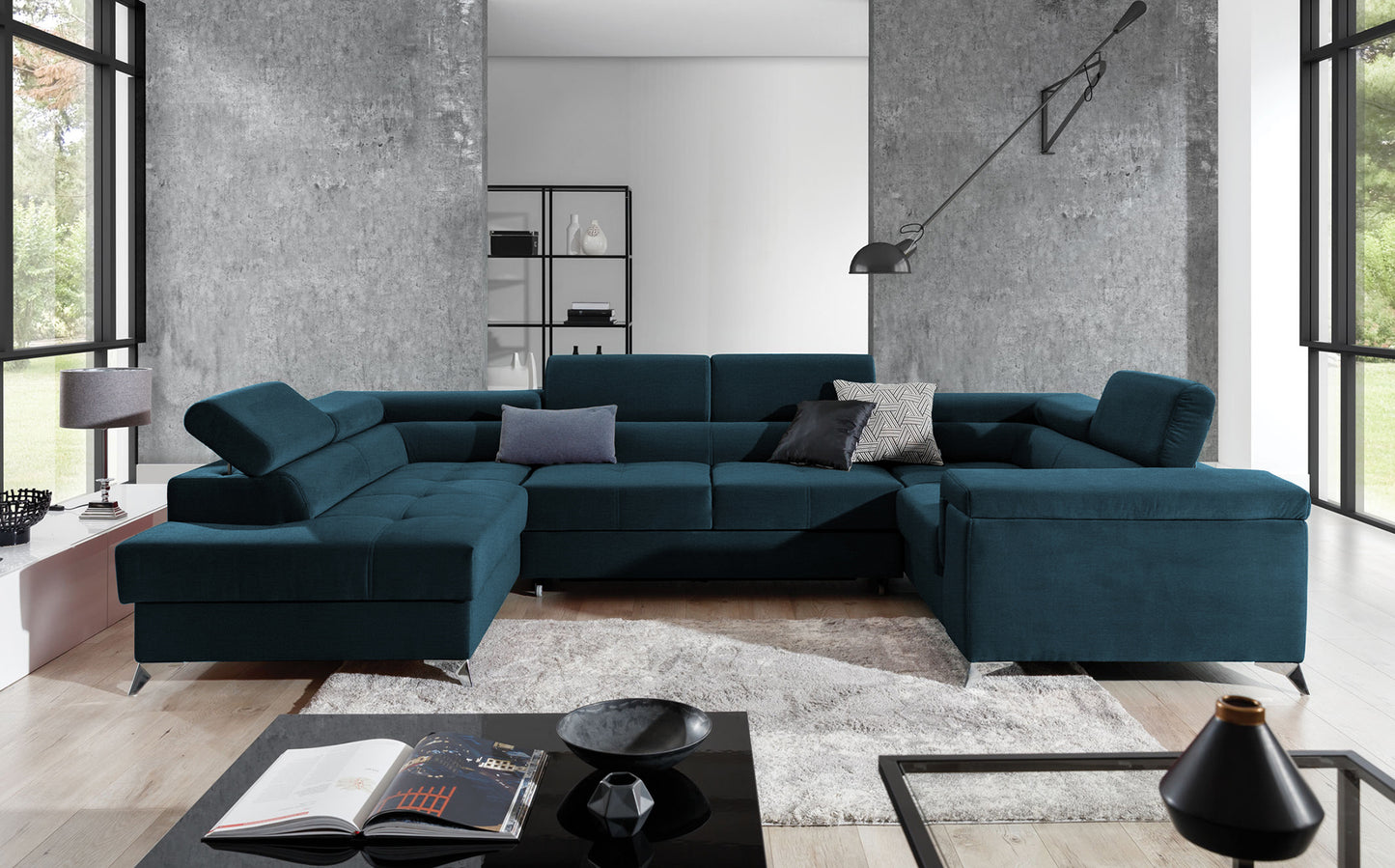 Designerski narożnik Thiago lewy wykonany z tkaniny Monolith 77 prezentuje minimalistyczną bryłę, regulowane zagłówki oraz komfortowe siedziska. Funkcjonalny narożnik do rodzinnego salonu zapewnia wysoki komfort wypoczynku każdego dnia.