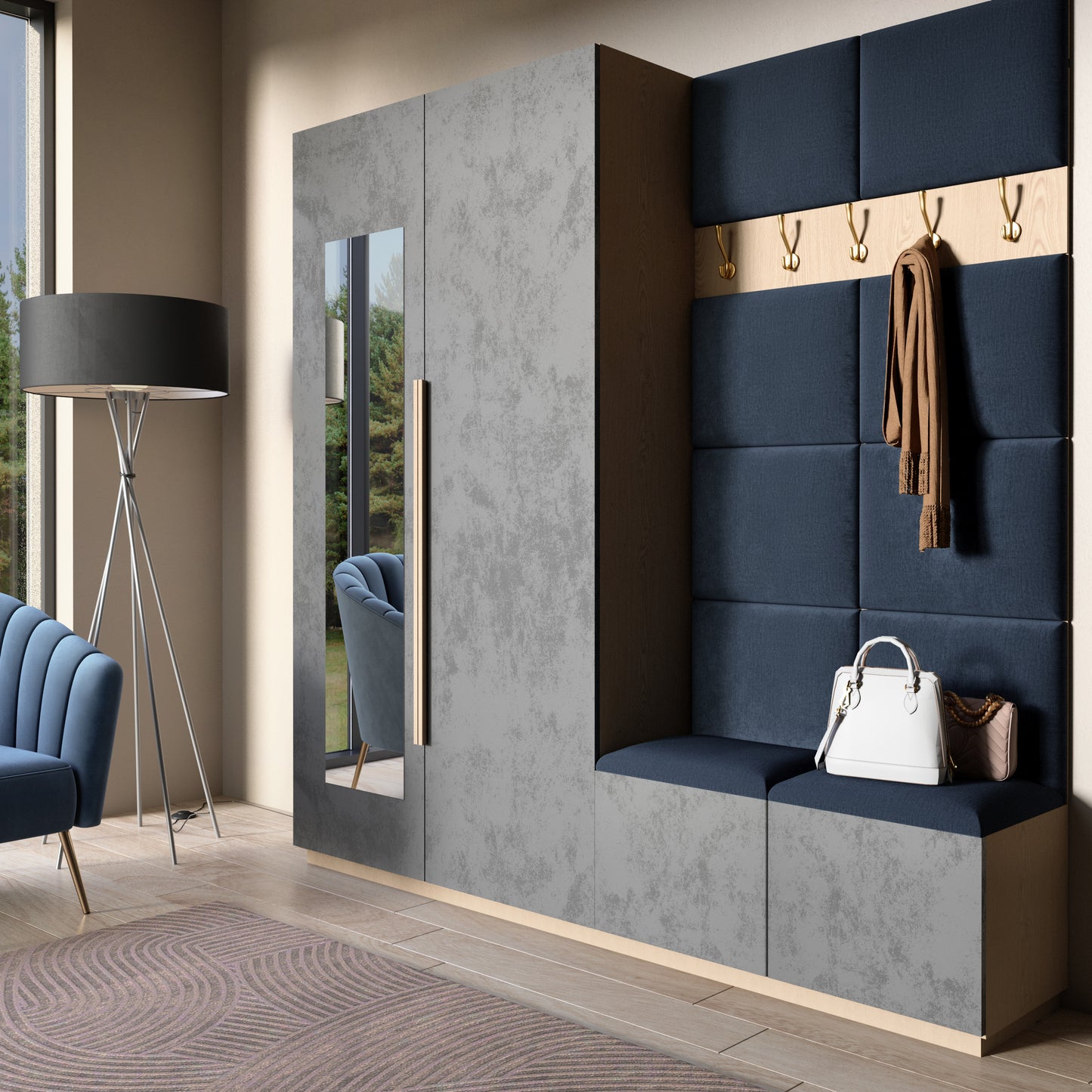 Przedpokój z zabudowaną wnęką i siedziskiem obok szafy; ściana za ławką wyłożona panelami Quadratta IV Monolith 79 w granatowym kolorze, uzupełniona drewnianą listwą z mosiężnymi haczykami.