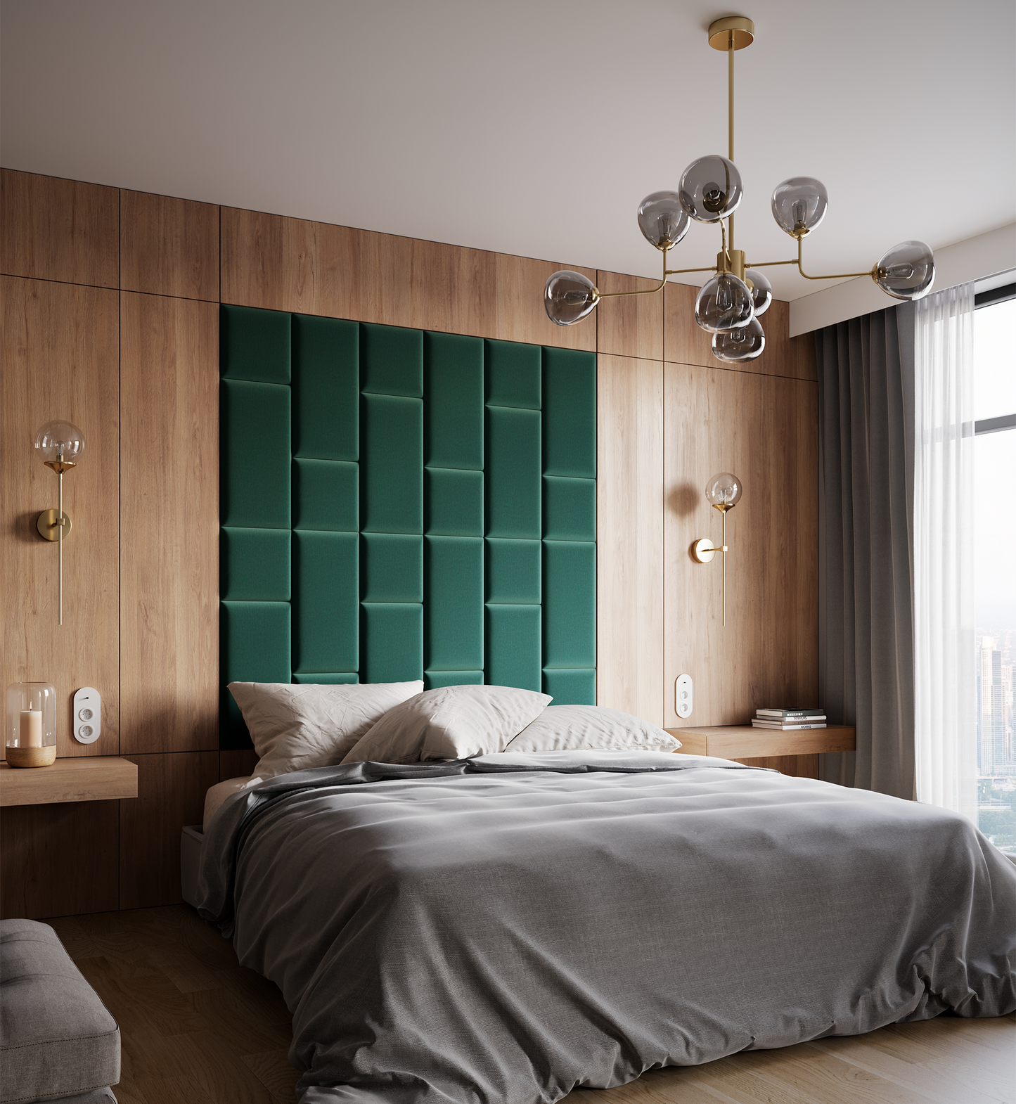 Elegancka sypialnia z wezgłowiem wykończonym panelami Quadratta V Monolith 37 w zielonym kolorze, zamontowanymi na drewnianej ścianie za łóżkiem, udekorowana designerskim żyrandolem i szarą pościelą.