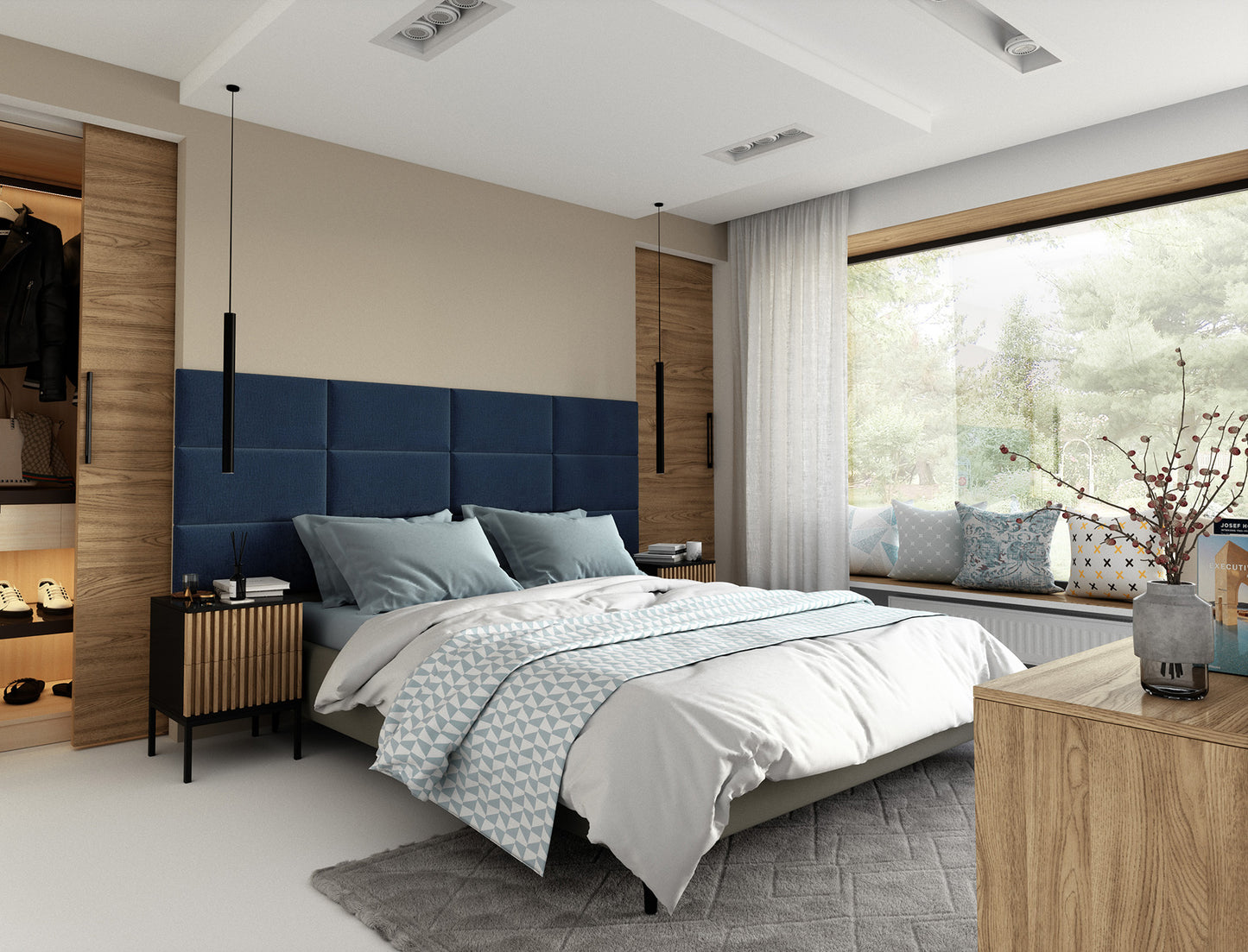 Nowoczesna sypialnia z łóżkiem ustawionym w zabudowanej wnęce; za wezgłowiem wysoki zagłówek z paneli Quadratta V Monolith 76 w jasnoniebieskim kolorze, dopełniony minimalistycznymi lampami wiszącymi i szarą pościelą.