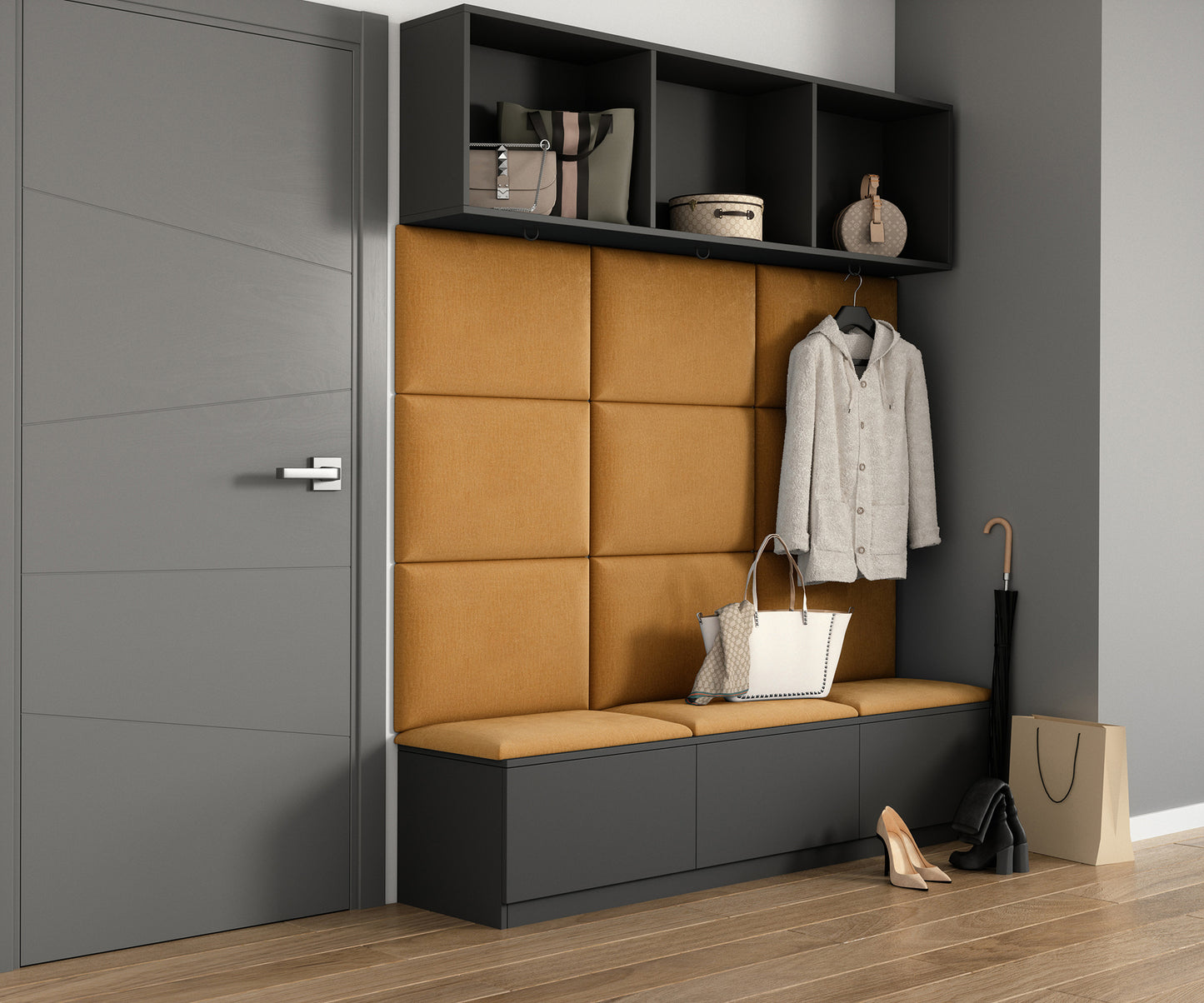 Przedpokój z ławką i panelami Quadratta VI Monolith 48 żółty – wnęka wejściowa z niską ławką i drewnianą szafką, nad którą zamocowano cztery kwadratowe panele w intensywnej żółtej tkaninie, uzupełnione metalowymi haczykami i otwartymi półkami.