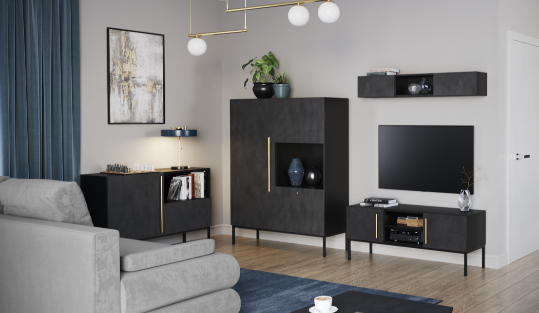Nowoczesny salon z kompletem mebli Lanzzi czarny mat: centralnie umieszczona wisząca półka nad telewizorem i zestaw szafek w różnych kształtach.