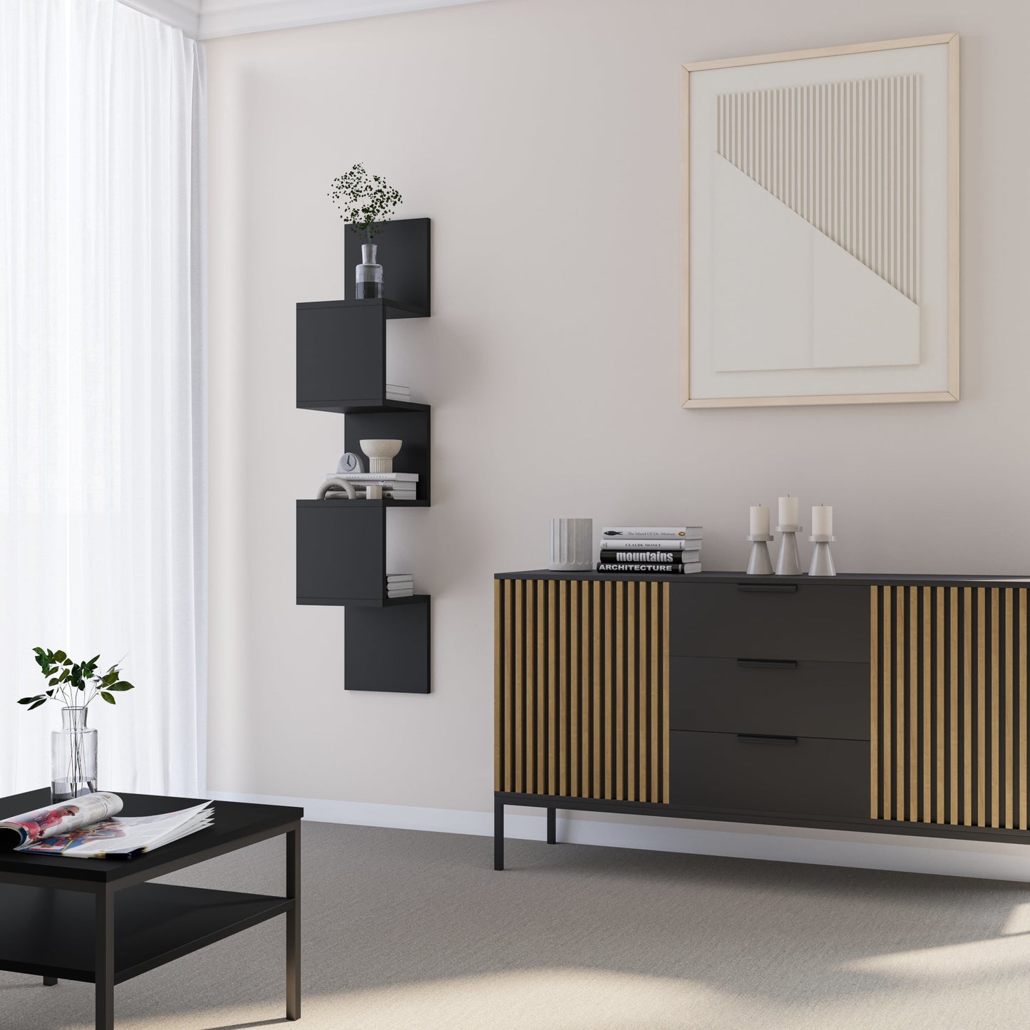Nowoczesne wnętrze z czarną półką Sunpedo zamontowaną obok drewnianej komody i ramy z abstrakcyjną grafiką na beżowej ścianie.