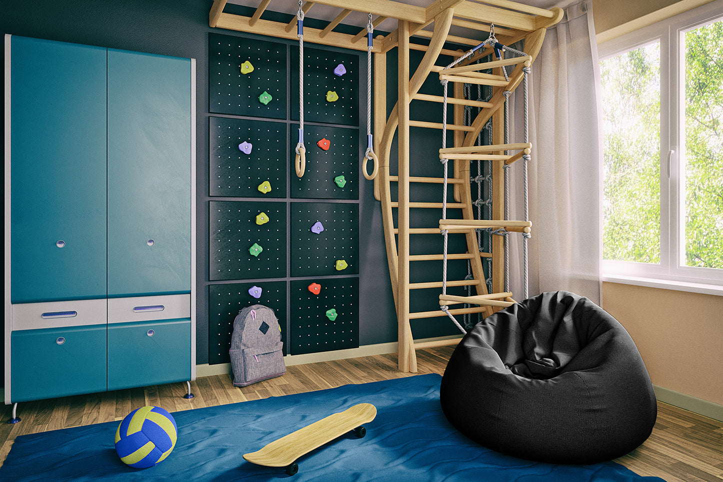 Pufa worek Como w odcieniu Poco 10 czarny ustawiona w jasnym i przestronnym pokoju dziecięcym z ścianką wspinaczkową i sprzętem gimnastycznym, stanowiąca komfortowy akcent w przestrzeni do zabawy i relaksu.