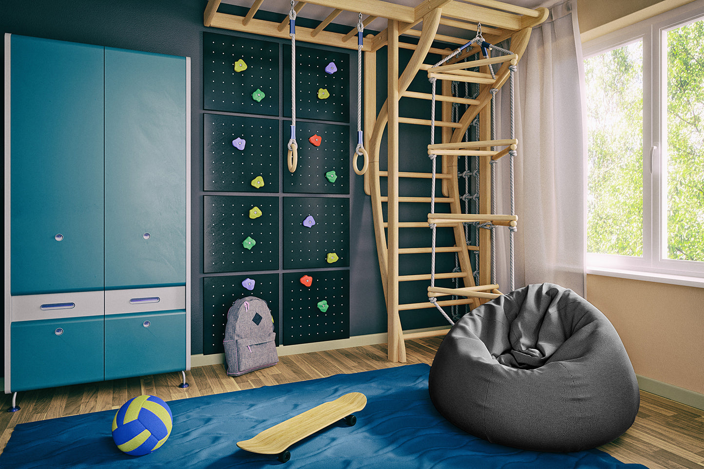 Szara pufa worek Como w kolorze Poco 04 w pokoju dziecięcym z ścianką wspinaczkową i drewnianym drabinkowym zestawem gimnastycznym, ustawiona na niebieskiej macie przy oknie.