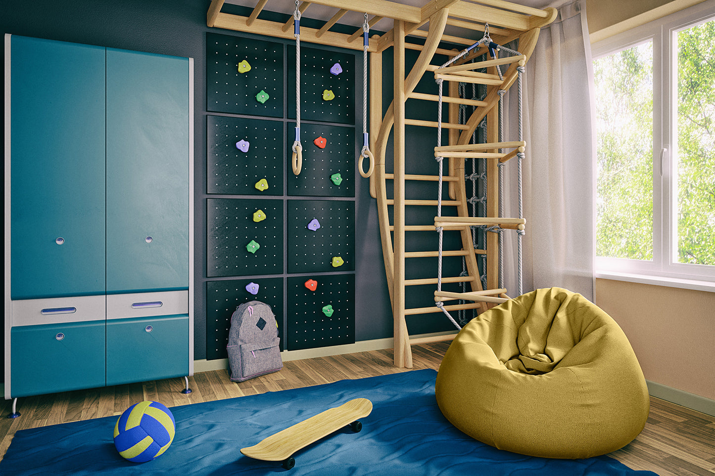 Pufa Como w kolorze Poco 50 żółtym w pokoju dziecięcym z ścianką wspinaczkową, drabinką gimnastyczną i niebieskim dywanem.