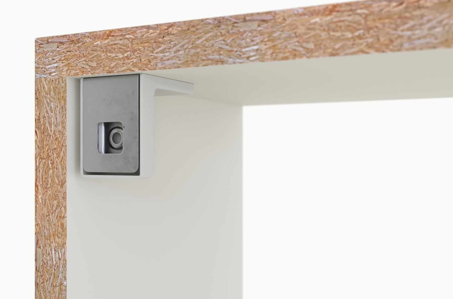Detal mocowania półki w białym regale Egurro – widok od wewnątrz ukazujący strukturę płyty i solidne wykończenie meblowe.