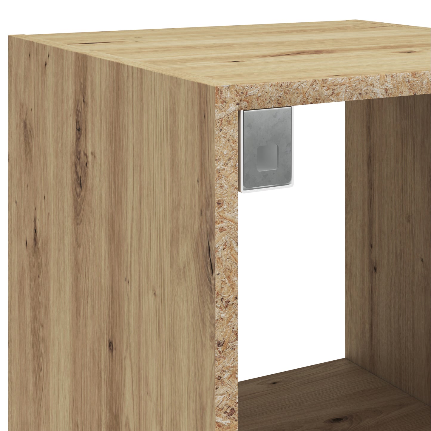 Zbliżenie na konstrukcję regału Figgi w dekorze dąb artisan, z widocznym mocowaniem półki i przekrojem płyty meblowej.