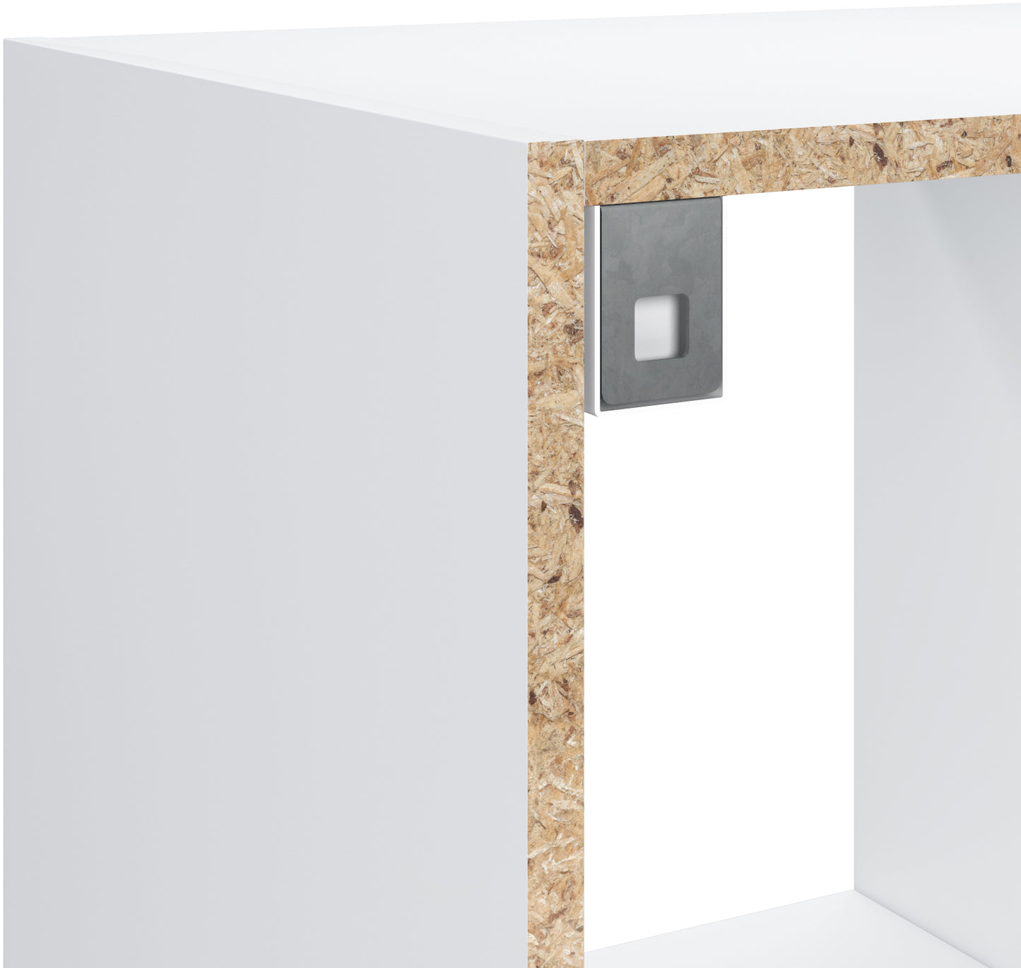 Zbliżenie na biały regał Postto – widok elementu montażowego i struktury płyty meblowej w nowoczesnym, minimalistycznym wykończeniu.