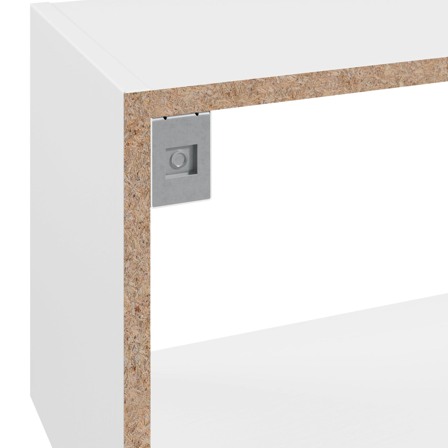 Zbliżenie na narożnik białego regału z widoczną surową krawędzią płyty wiórowej i metalowym zaczepem montażowym.