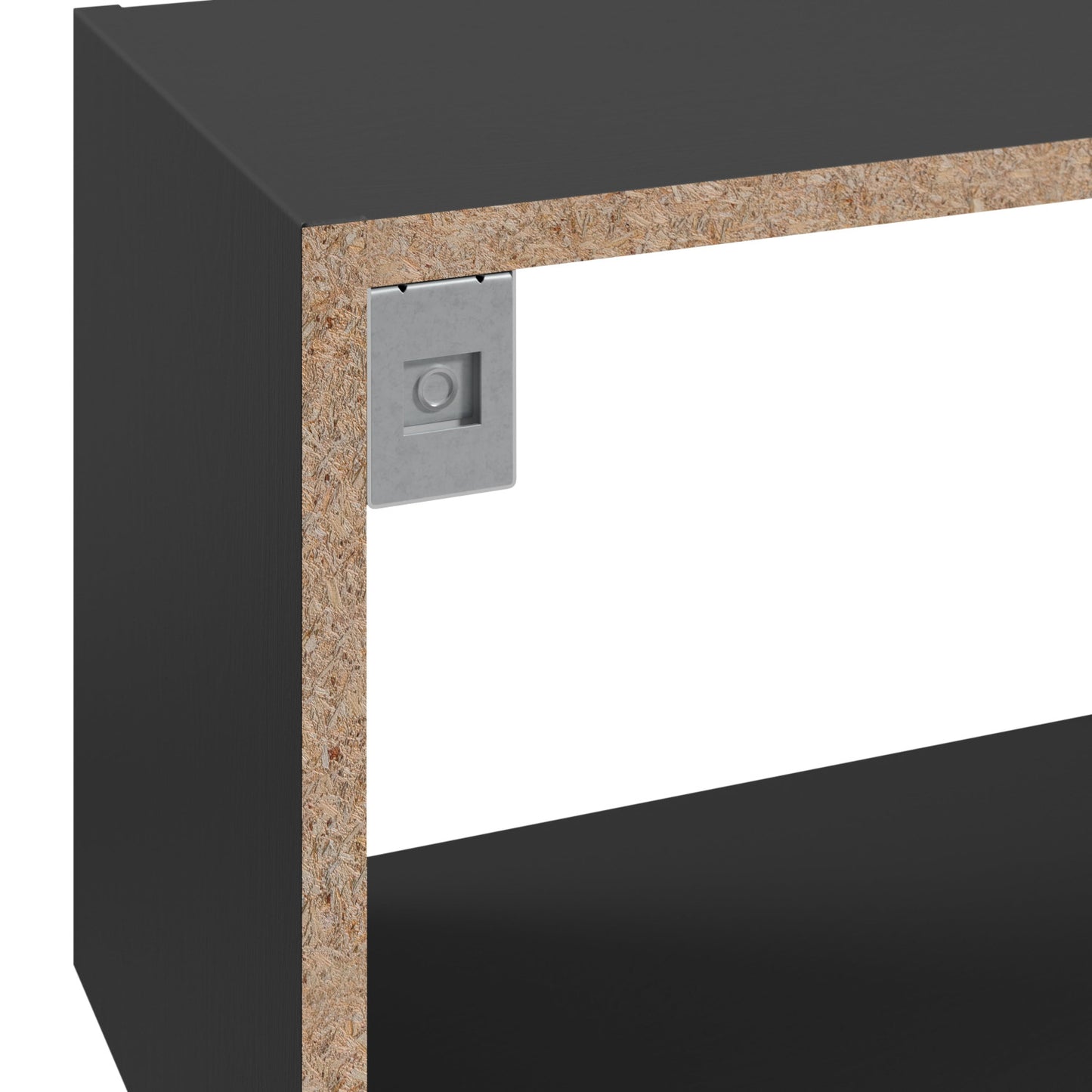 Zbliżenie na konstrukcję regału Shellf w kolorze czarnym z widoczną płytą wiórową i metalowym mocowaniem wewnętrznym.