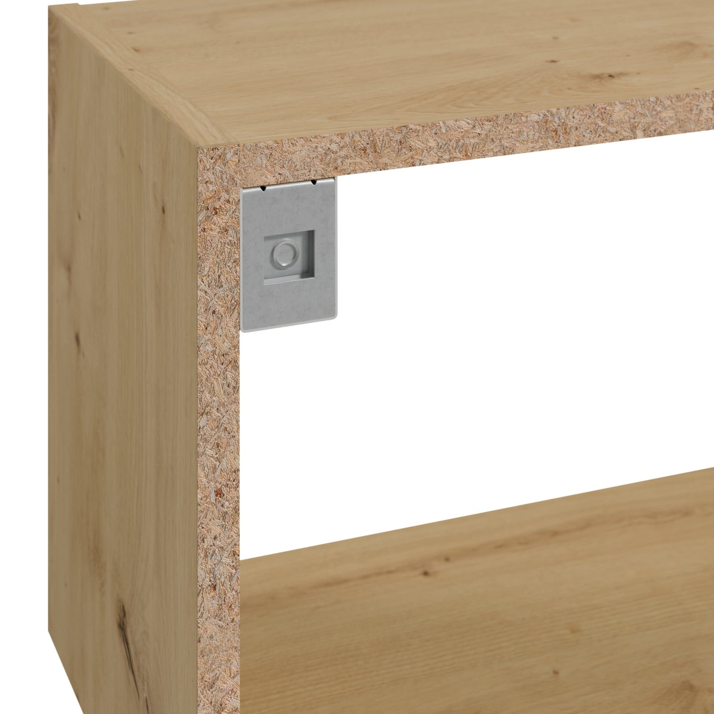 Zbliżenie na narożnik regału Sottis dąb artisan z widoczną strukturą płyty wiórowej i metalowym mocowaniem wewnętrznym.