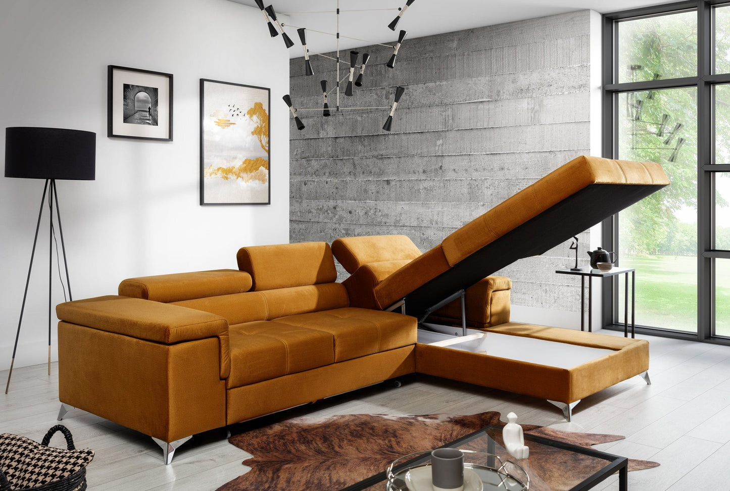 Narożnik Ricardo w tkaninie Monolith 48 żółty, układ lewy – pojemnik na pościel otwarty – sofa narożna z uniesionym siedziskiem i widoczną przestrzenią do przechowywania.