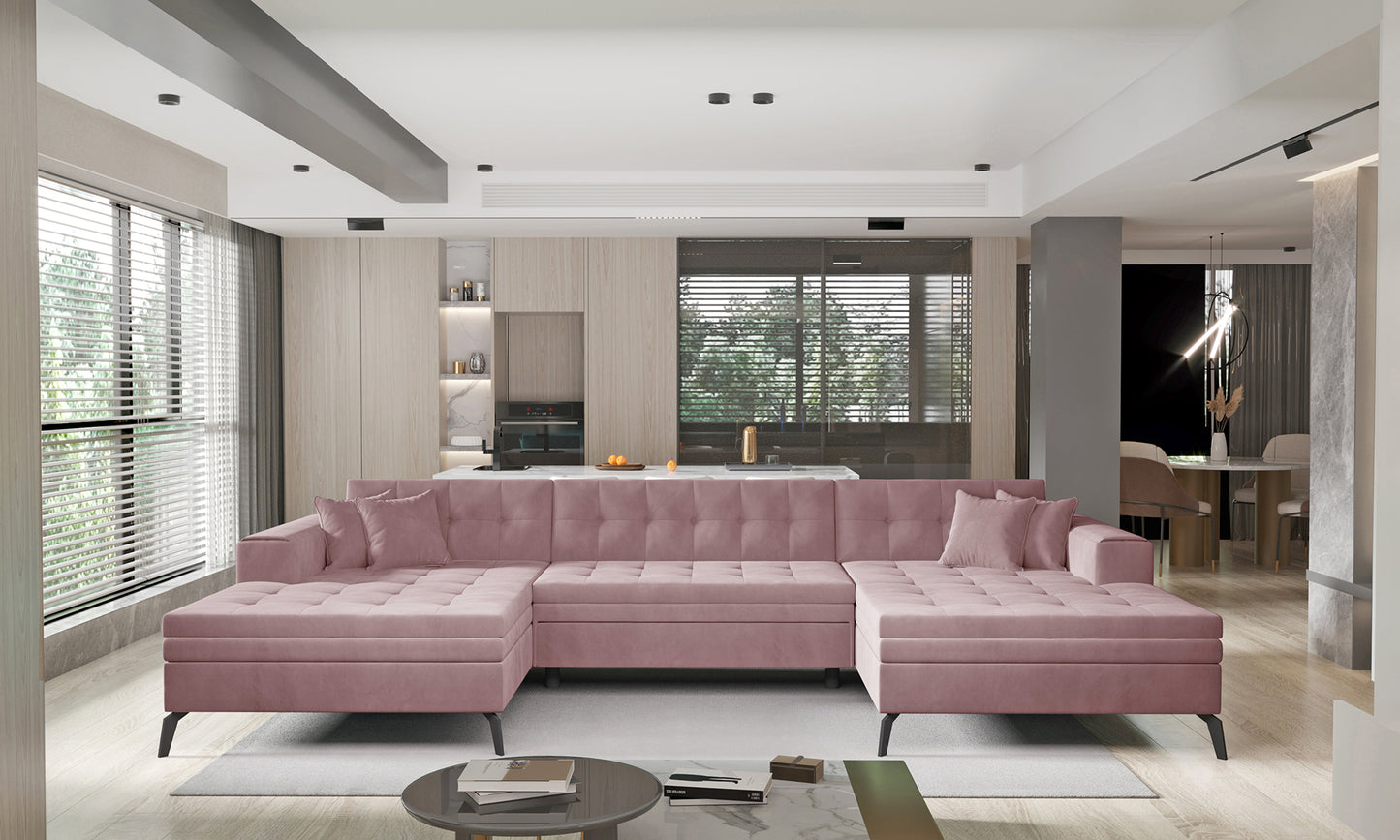 Różowa sofa narożna Vertizo wykonana z materiału Nube 24 to doskonały wybór do salonu, gdzie liczy się komfort użytkowania i delikatna kolorystyka, która ociepla przestrzeń i sprzyja codziennemu relaksowi