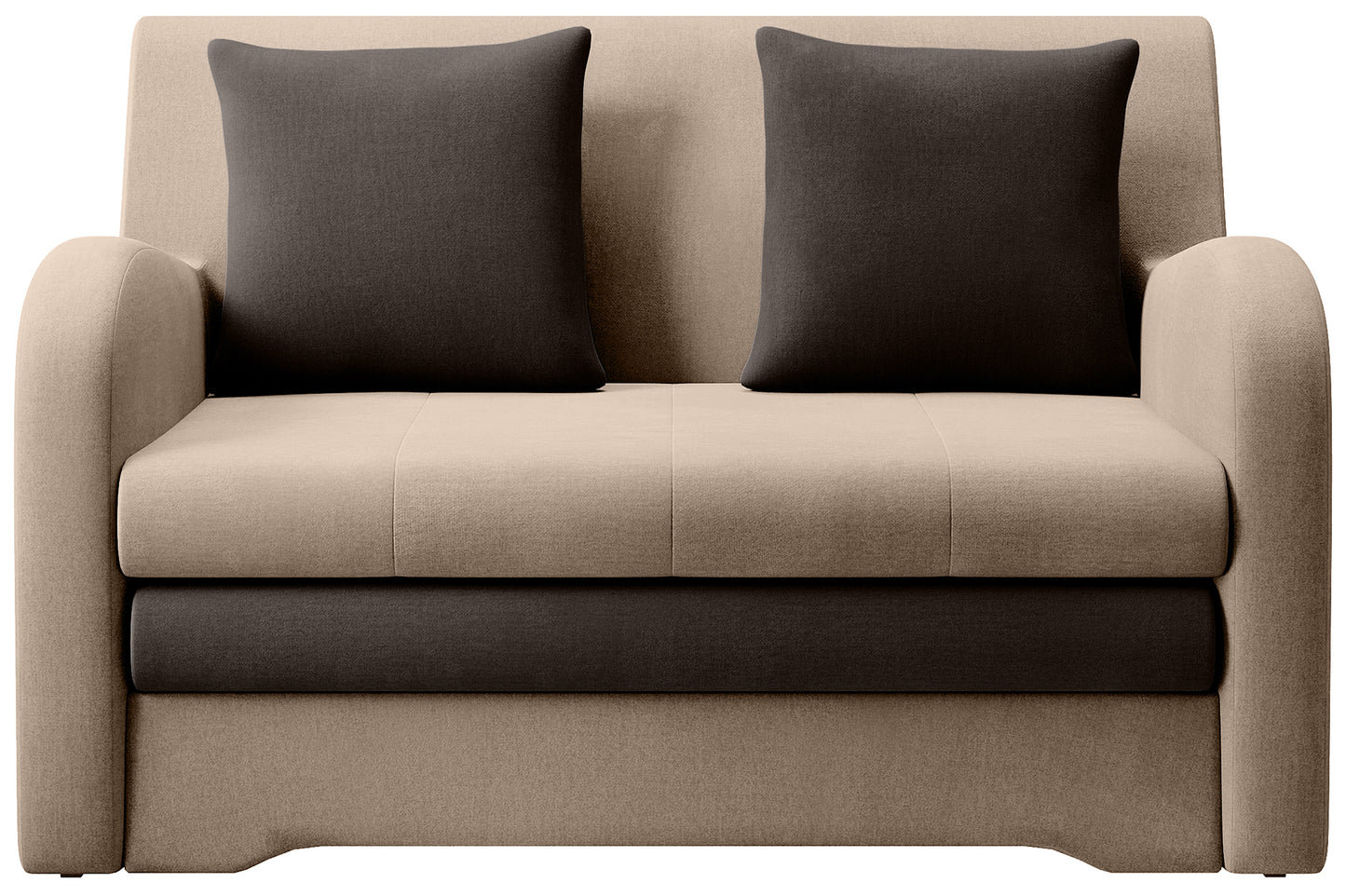 Sofa Ario w gładkiej tkaninie, beżowo-czekoladowa, packshot front na jasnym tle, dwie poduszki.