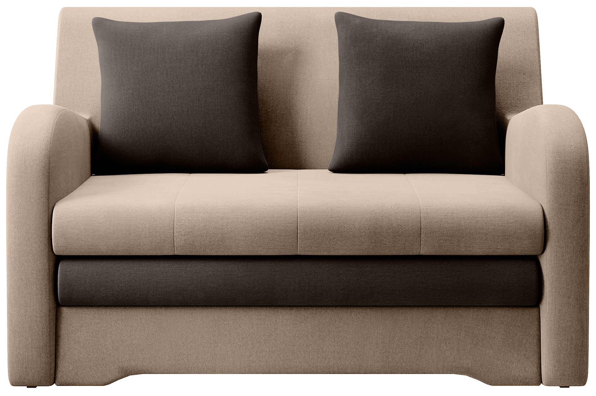 Sofa Ario w gładkiej tkaninie, beżowo-czekoladowa, packshot front na jasnym tle, dwie poduszki.