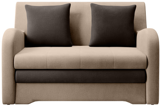 Sofa Ario w gładkiej tkaninie, beżowo-czekoladowa, packshot front na jasnym tle, dwie poduszki.