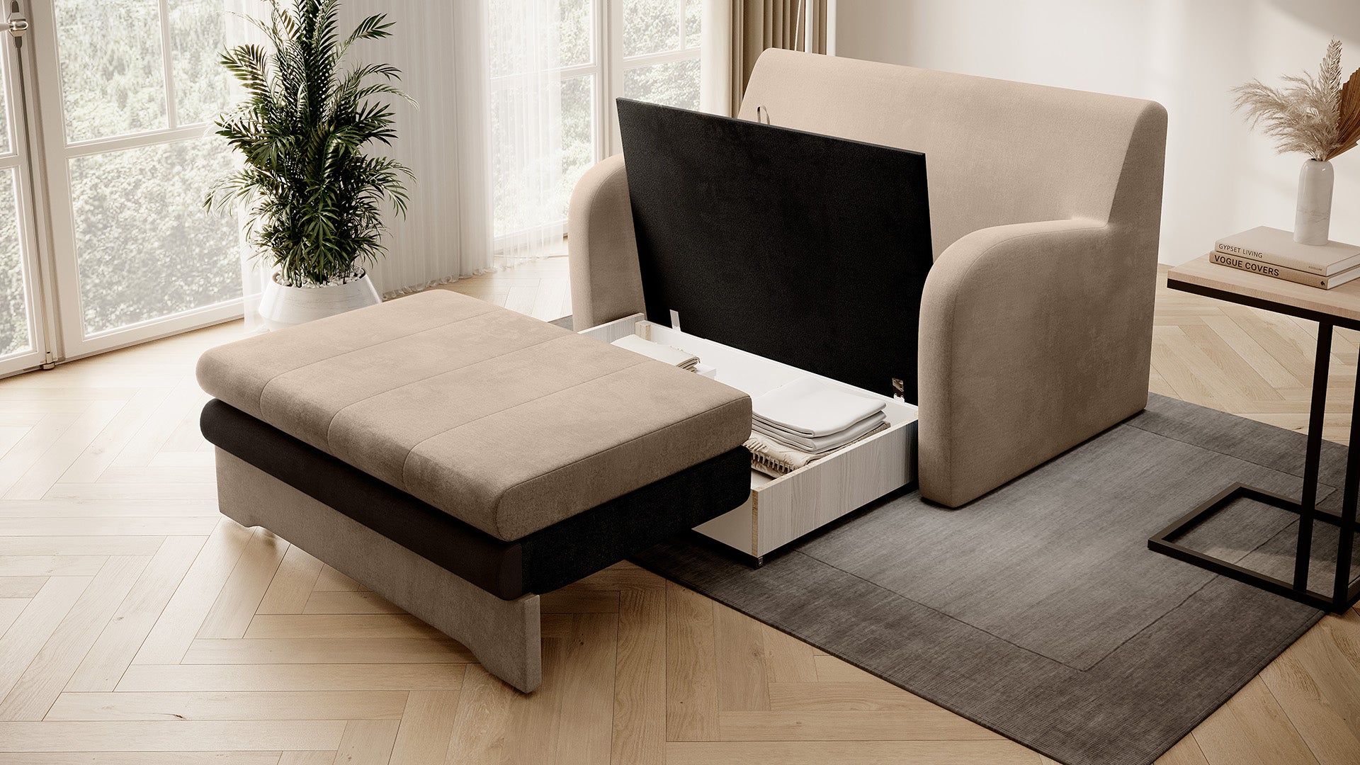 Dwukolorowa sofa Ario z otwartym pojemnikiem na pościel, ujęcie skośne w salonie na dywanie.