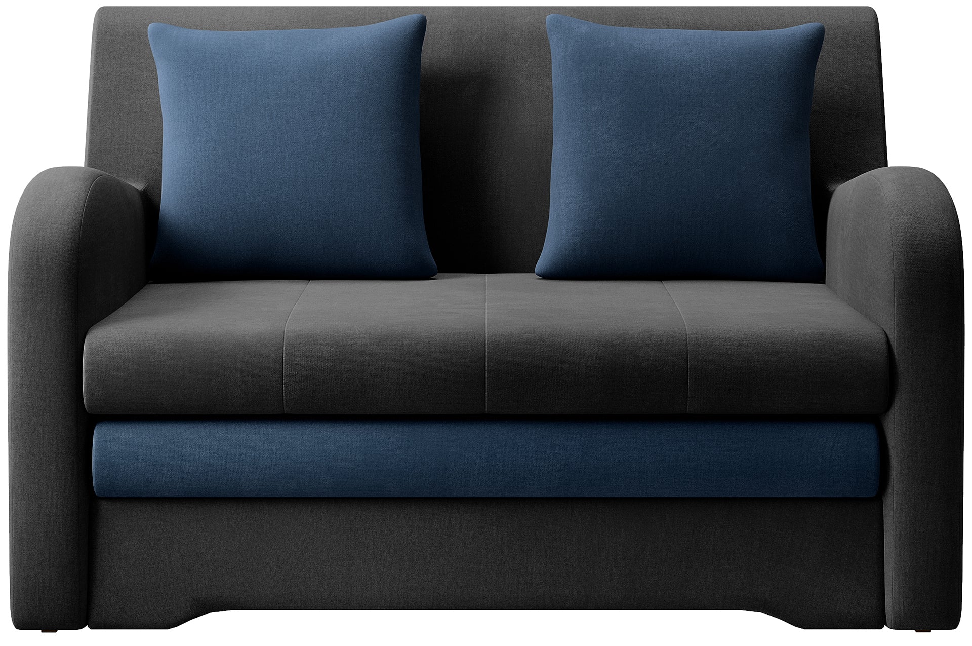 Sofa Ario, gładka tkanina, grafitowo-granatowa; packshot front na białym tle, dwie poduszki.