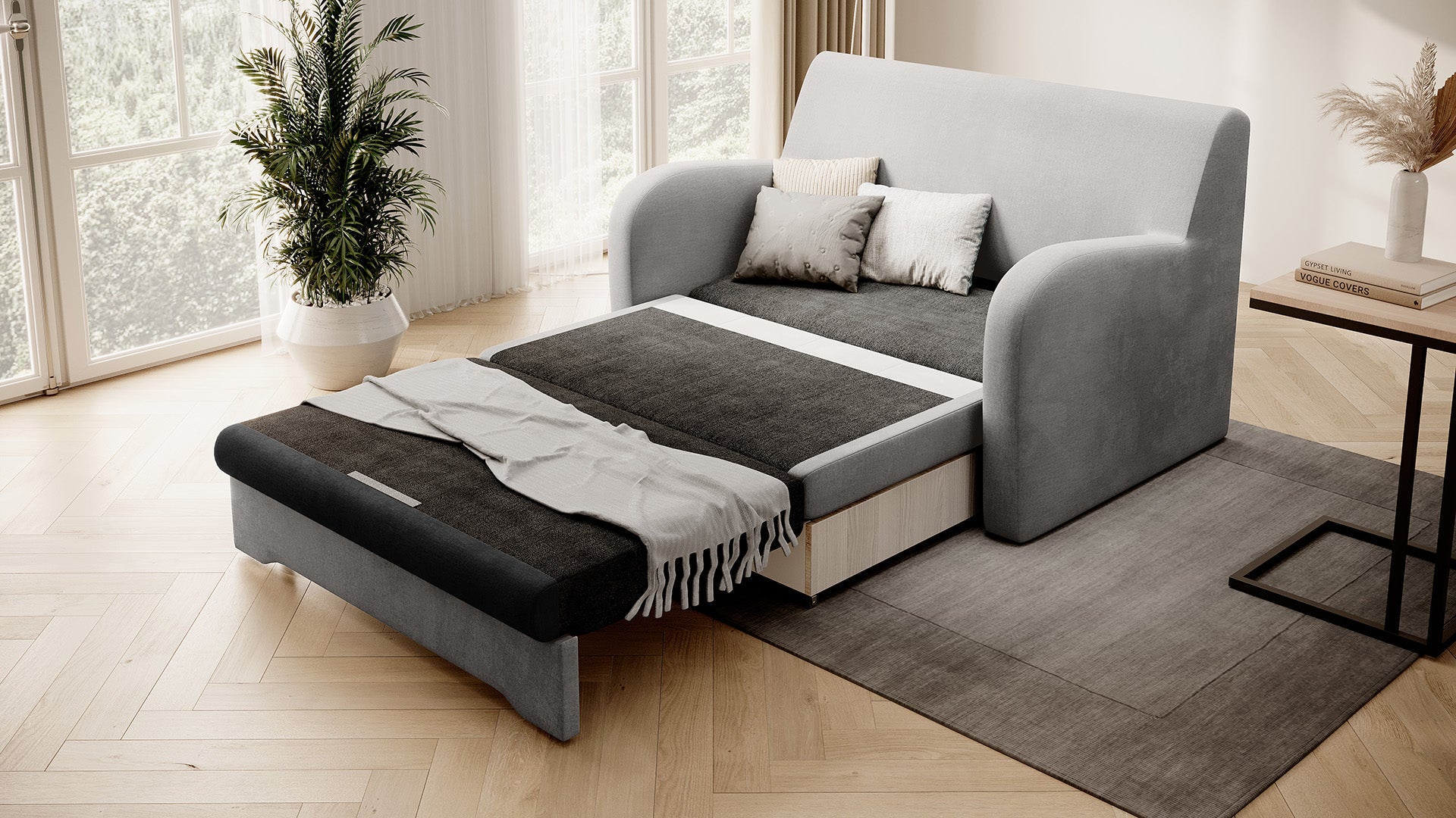 Sofa Ario dwukolorowa rozłożona do spania, ujęcie skośne w salonie przy oknie.