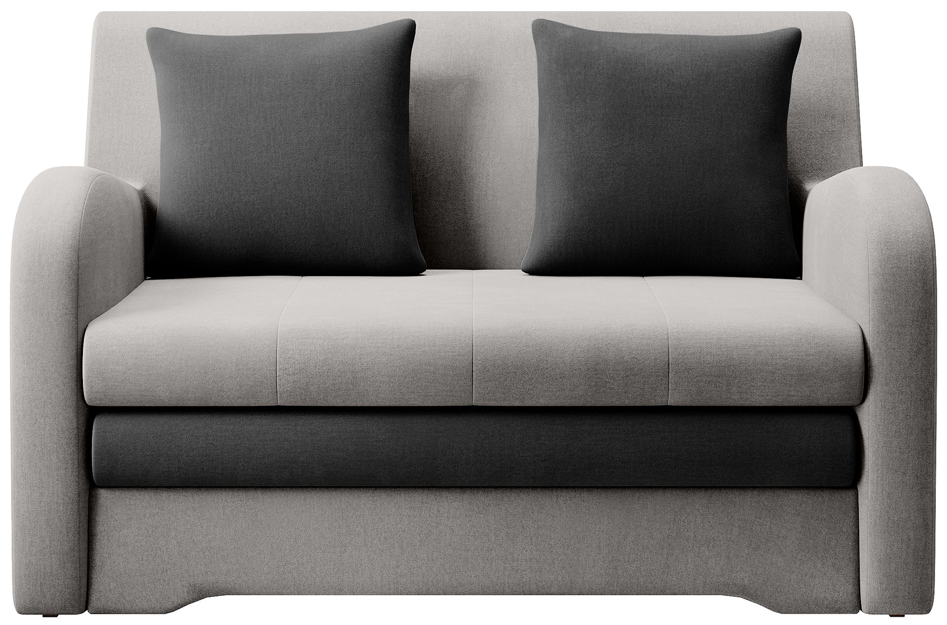 Sofa Ario dwukolorowa (jasnoszara + grafit), packshot front na białym tle, dwie poduszki.