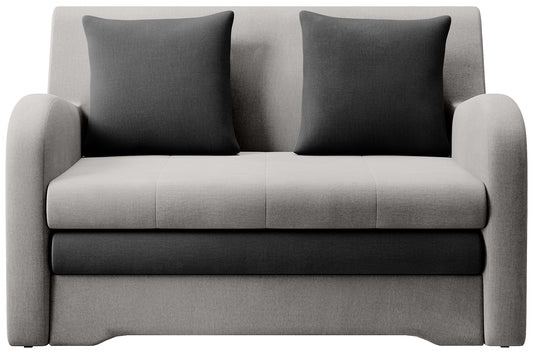 Sofa Ario dwukolorowa (jasnoszara + grafit), packshot front na białym tle, dwie poduszki.
