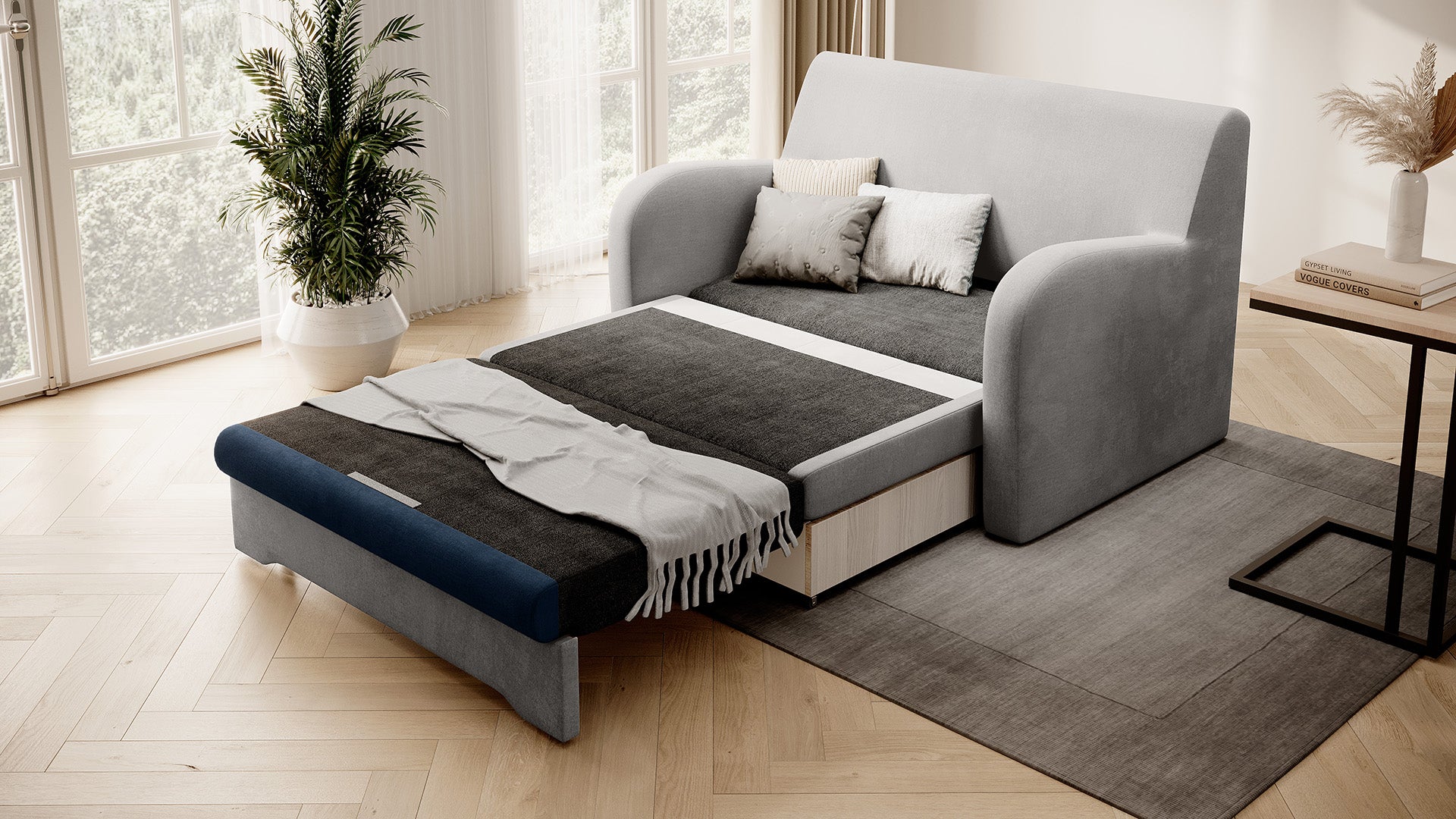 Sofa Ario dwukolorowa rozłożona do spania, ujęcie skośne w salonie przy oknie.