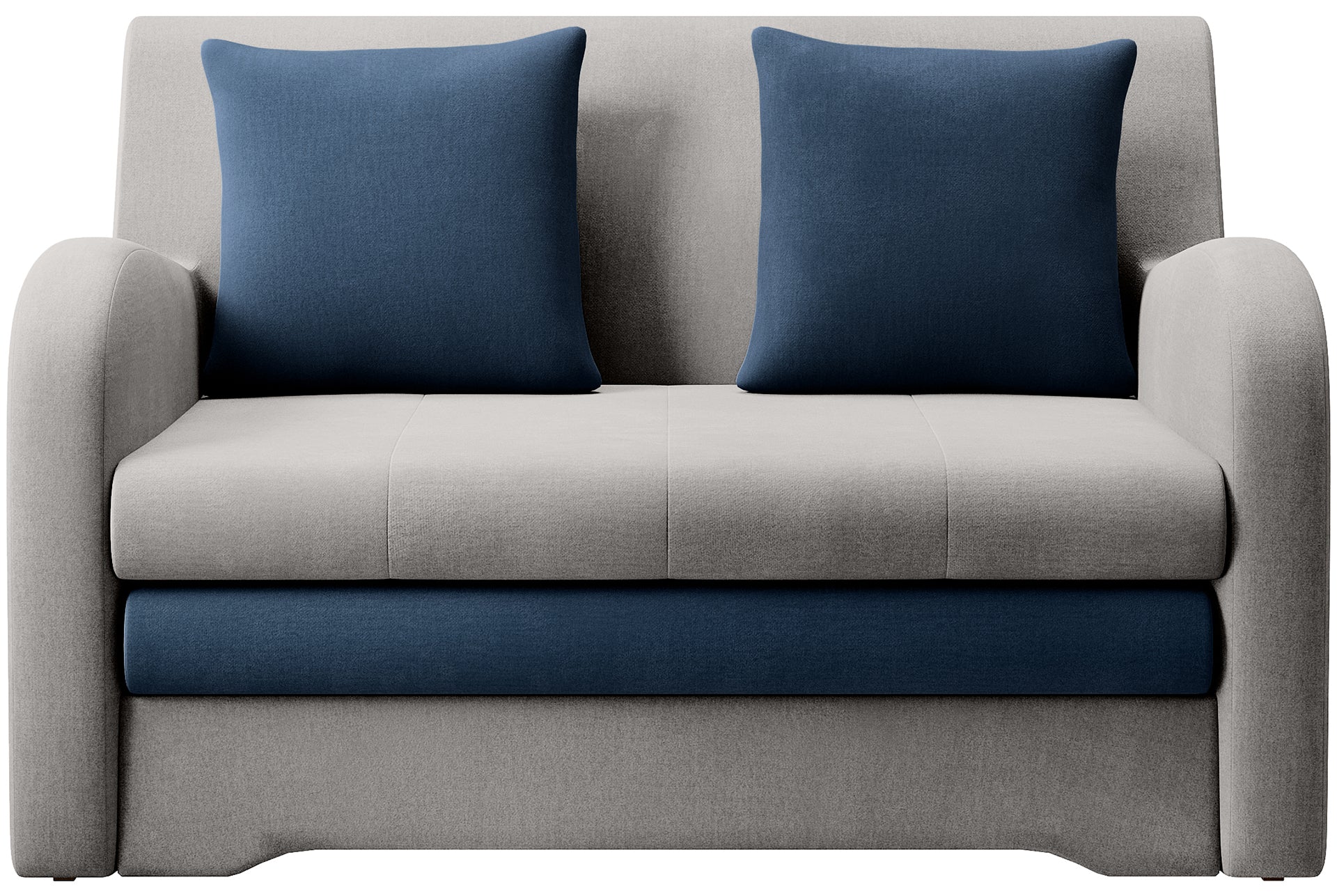 Sofa Ario dwukolorowa (jasnoszara + granat), packshot front na białym tle, dwie poduszki.