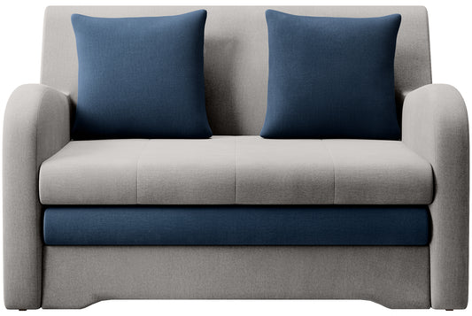 Sofa Ario dwukolorowa (jasnoszara + granat), packshot front na białym tle, dwie poduszki.