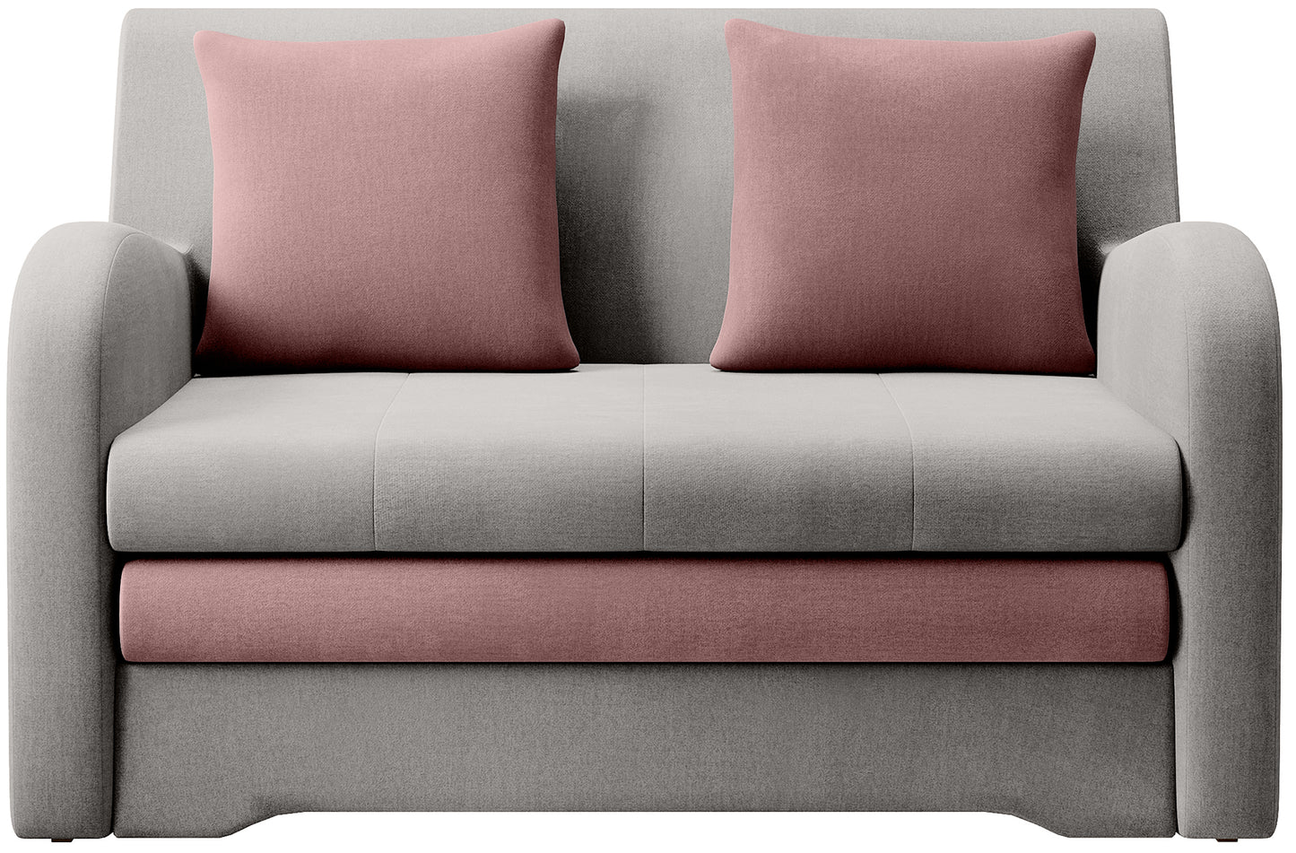 Sofa Ario jasnoszara z poduszkami w pudrowym różu, packshot front na białym tle.