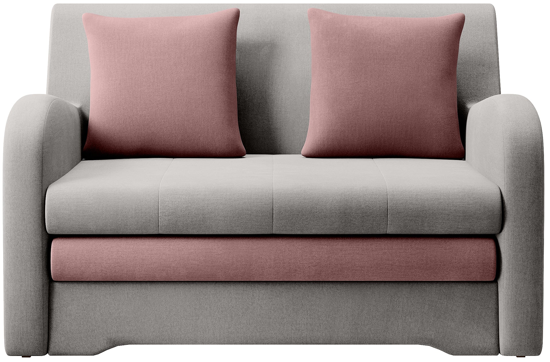 Sofa Ario jasnoszara z poduszkami w pudrowym różu, packshot front na białym tle.