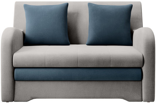 Sofa Ario dwukolorowa (jasnoszara + stalowoniebieska), packshot front na białym tle, dwie poduszki.