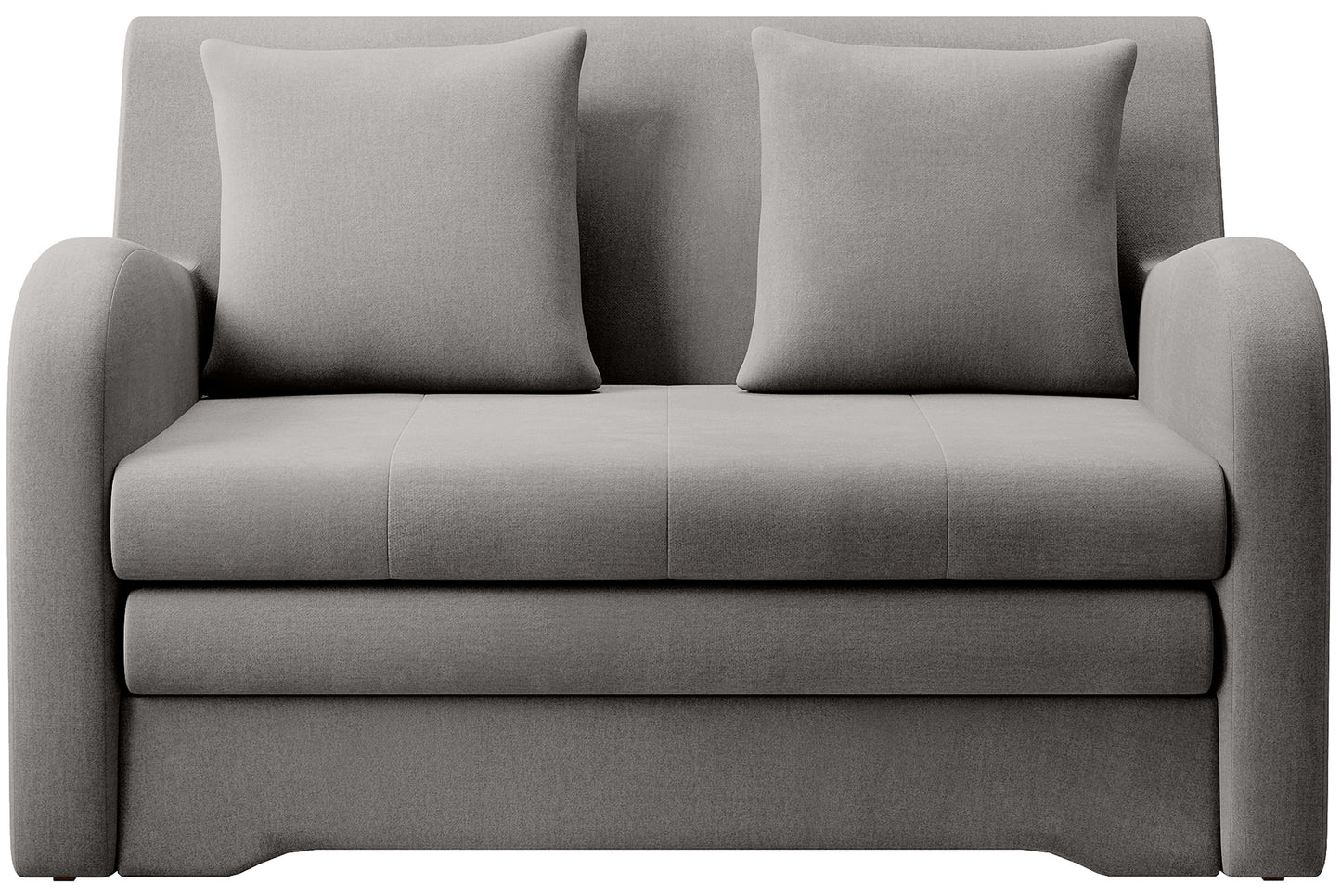 Szara sofa Ario w gładkiej tkaninie, packshot front na białym tle, dwie poduszki.
