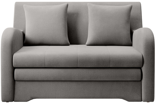 Szara sofa Ario w gładkiej tkaninie, packshot front na białym tle, dwie poduszki.