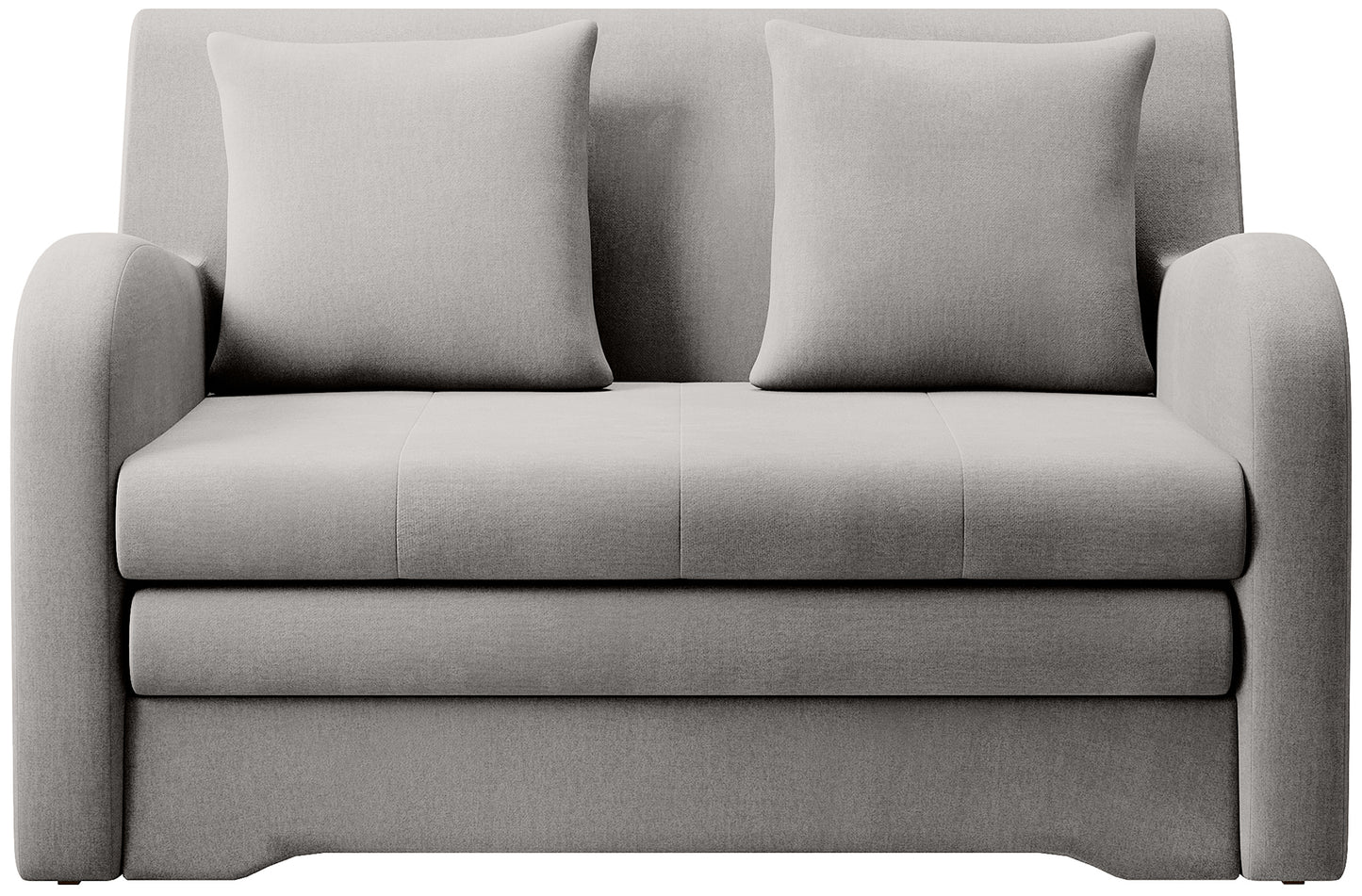 Szara sofa Ario w gładkiej tkaninie, packshot front na białym tle, dwie poduszki.