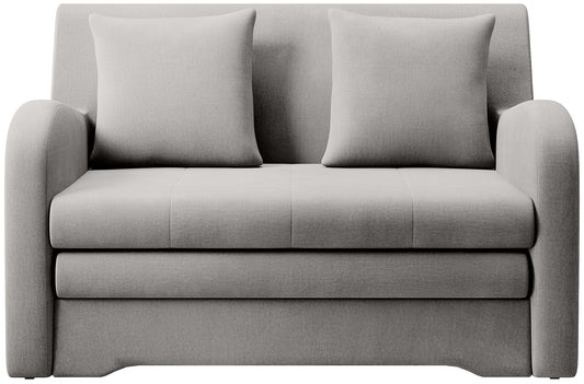 Szara sofa Ario w gładkiej tkaninie, packshot front na białym tle, dwie poduszki.